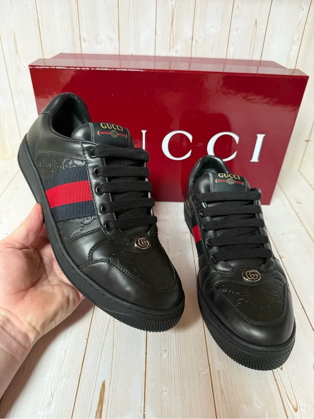 Gucci Men’s Black Leather Sneakers with Red & Navy Stripe